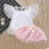 Mädchen Kleid Kleidung Sommer Kinder Kleider für Mode Fly Ärmel ärmelloses T-Shirt + Perlenrock Baby 210528