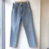Blå koreansk vintage tvättad ankel längd jeans byxor kvinnor höga midja knappar-flyga casual mode raka byxor 210518