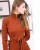 Robe pull épaisse à col roulé pour femme, tricot à manches longues, plissée élastique, tricotée chaude, automne hiver 2021