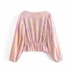 Women Blouses Pink Tie Dye Ruffle Blouse Woman Summer Long Sleeve Crop Top Female Elegant Front Button Elastic Hem Tunic 210430