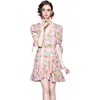 Fashion Girl Floral Dress Puff Sleeve High-end Bow Womens Summer Ruffle Dresses Noble Sexy Lady Printed Dresses