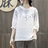 FJE夏スタイルの女性Tシャツプラスサイズハーフスリーブ緩いヴィンテージ刺繍ティーシャツFemmeコットンリネンTシャツビッグトップスMGZ2 210623