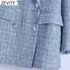 Zevity Women Vintage Plaid Texture Tweed Blazer di lana Cappotto Office Ladies Abiti a maniche lunghe Capispalla femminile Chic Top CT699 210603