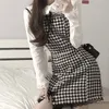 Camicia bianca a maniche lunghe dolce giapponese Camicia da donna scozzese estiva con cinturino per spaghetti Gothic Harujuku Mini abito Lolita Abito a due pezzi 220302