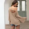 sexy bowknot backless oversized autumn winter sweater pullovers female flare sleeve white knitted jumper streetwear 210427