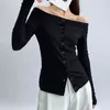 女性のスラッシュネック長袖のための黒いカジュアルセーターミニマリストスリムカーディガン女性春ファッション服210524