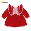 6M-4Y Noël Né Bébé Bébé Filles Tutu Robe Velours À Manches Longues Volants Dentelle Bow Fête De Noël Robes Rouges 210515