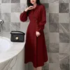 Frauen Rot Schwarz Khaki Cord Schalkragen Knielanges Kleid Elegant Winter Warm D1520 210514