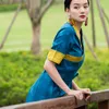 Traditionell tibetansk kostym orientalisk sommarklänning Vintage Long Qipao Kvinnor Elegant Kortärmad Cheongsam Asiatisk Etnisk Kläder