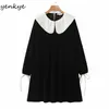 Vintage Black Velvet Dress Women Lapel Collar Långärmad Casual Loose Winter Plus Size Short Robe Femme 210514