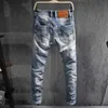 Italiensk stil mode män jeans högkvalitativa smal passform elastisk bomull rippad retro ljusblå vintage designer byxor vhzn