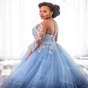 Plus Size African Blue Wedding Dresses With Rhinestone Crystal Illusion Long Sleeve Bohemian Beach Bridal Gowns 2021 A Line Tulle Gothic Bride Dress