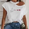 100% Cotton Women Tshirt Short Sleeve Cold Shoulder Art Print Aesthetic Halter T-Shirt Female Tops Casual Streetwear Summer 210623