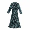 Women Floral Print Pressed Pleat Chiffon Dress Vintage Femme Nine Quarter Sleeve Loose Clothes Casual Lady Vestido D6533 210430