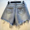 Women's Jeans Love Aing 2021 Fashion Ripped Hole High Waist Rhinestone Tassel Chain Slim Straight Denim Shorts Women