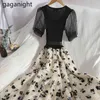 Gaganight Vintage Women Patchwork Long Dress Summer Short Sleeves Bow All Match A Line Bodycon Vestidos Chic Korean Robe 210519