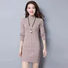 Mulher Plus Size Casual Mid-Length Middle Sweater Sólida Cor Sólida Versátil Slim Slim Senhora Vestido Outono Inverno Novo G1214