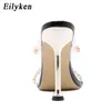 Eilyken claro pvc transparente chinelos de salto alto sexy verão moda corrente design deslizamento no dedo do pé quadrado slides mulheres mulas bombas agradável bonito