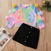 Baby Girl Vêtements Ensemble Filles Tie-Dye Balle colorée T-shirt à manches longues + jupe noire 2pcs Tenues Enfants E22179 210610