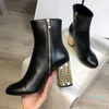 Stivaletti da donna alla moda, stivali corti in pelle con tacco grosso oro, scarpe da donna di lusso casual, scarpe da sera da ballo, tacco da neve con scatola