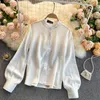 Koreansk vår sommarskjorta Kvinnors Fashion Round Collar Bow Långärmad Chiffon Toppar Camisas Blouse R878 210527