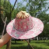 50 pcs festa favor dobrável mão fã lun 2 em 1 portátil floral impresso chapéu de bambu ao ar livre viajar férias sol chapéu de verão