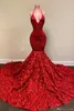 UPS 2022 Sexy Backless Red Evening Dresses Halter Deep V Neck Lace Appliques Mermaid Prom Dress Rose Ruffles Special Occasion Party Gown B