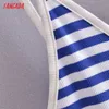 Tangada Fashion Blue Stripe Print Slim Knit Tank Robes pour femmes Femme Casual Midi Dress 3W40 210609