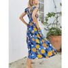 Vrouw jurken blauw print geplooide ruche midi vrouwen vintage korte mouw strand casual elastische taille vestidos 210430