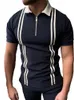 Primavera Verão Polos Camisa Zipper Listra Cor Correspondência Masculina T-shirt Top Custom Logotipo Listrado Polo Camisas