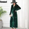 Nerazzurri High Quality Long Green Black Soft Velvet Trench Coat for Women Fall Peaked Lapel Long british style Overcoat 210812