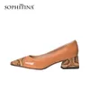 Sophitina Pumpar Kvinna Äkta Läder Patchwork Grunt Spetsigt Toe Snack Mönster Med Square Heel Office Lady Shoes PC990 210513