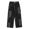 IEFB Men's Plaid Patchwork Straight Black Jeans Men's Streetwear Trend Loose Wide Leg Denim Pants Casual Trousers Y7466 210524