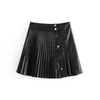 Fashion high waist pleated PU leather skirt women's autumn winter oblique breasted A-line Button short for womens 210508