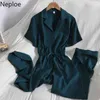 Neoloe Kombinezon Kobiety Wiosna Krótki Rękaw Szeroki Nogi Spodnie Playsuit Elegancki Sznurek Slim Kombinezony Moda Body Ropa Mujer 210422