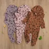 0-24m Vår Höst Born Infant Baby Girl Hooded Romper Långärmad Leopard Jumpsuit Playsuit Kläder 210515