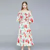 est Summer Holiday Dress Runway Mujer Rose Print Spaghetti Strap Sexy Slash Neck Cintura elástica Vestidos largos 210506