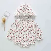 Spring Autumn Girls Romper Baby Clothes Long Sleeve Cute Cherry Girl Rompers And Hat Jumpsuit 210429