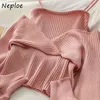 NEPLOE Moda Fałszywy 2 Sztuk Patchwork Knit Camis Sweter Kobiety Sweter Długim Rękawem Ramię Bez Ramiączek Pull Femme Spring Sueter 210423