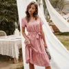 Summer Dresse Elegant V-neck Casual A-Line Midi Dress Vintage Pink Yellow Striped Sashes Lace-up Sundress Veatidos 210623