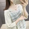 Hollow Thin Knit Sweater Women Loose Large Size Drawstring V-neck Solid Color Bat Sleeve Jumpers Pullover Female Spring Summer 210427