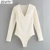 Zevity Kobiety Moda Ramię Wyściełane V Neck Slim Body Jesień Kobiet Z Długim Rękawem Chic Playsuits Sexy Siamese Romper LS7347 210603