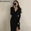 Nomikuma Dress Mulheres Corean Chic V Neck Design Cruz Slim Fit Lace Up Cintura Malha Vestidos Color Sólida Vestidos Mujer 3D704 210514