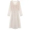 Mulheres Vestido de Primavera Vintage Elegante com botão A-Linha Solid Slow Sleeve Lace Voile Mesh Vestidos 8126 210623