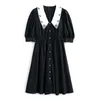 Women Black Embroidery Peter Pan Collar Puff Short Sleeve Double-breasted Empire A-line Mini Dress Summer D2647 210514
