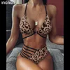 Ingaga alta cintura biquínis conjunto de banho push up swimwear mulheres cordas halter biquini brasileiro leopardo banhos maiô 210722