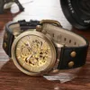 Reloj mecánico para hombre, esqueleto automático, relojes de cuerda automática, reloj de pulsera de cuero Retro de bronce antiguo, reloj Masculino