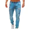 Men's Elastic Denim Pants Casual Frosted Zipper Drawstring Jeans Training Jogger Athletic Multi Pockets Ankle Tied Sweatpants X0621