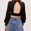 Damesmode Sexy Diepe V-hals Polka-Dot Backless Top Dames Korte Shirt Elegante Blouse Vrouwelijke Lange Mouwen Crop T-shirt 210520