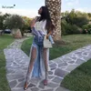 Rahat Dantel Örgü Pullu Yıldız Eklenmiş Kot Kadınlar Seksi Yırtık Burr Tansparent Yüksek Bel Kot Zarif Denim Geniş Bacak Uzun Pantolon 210709